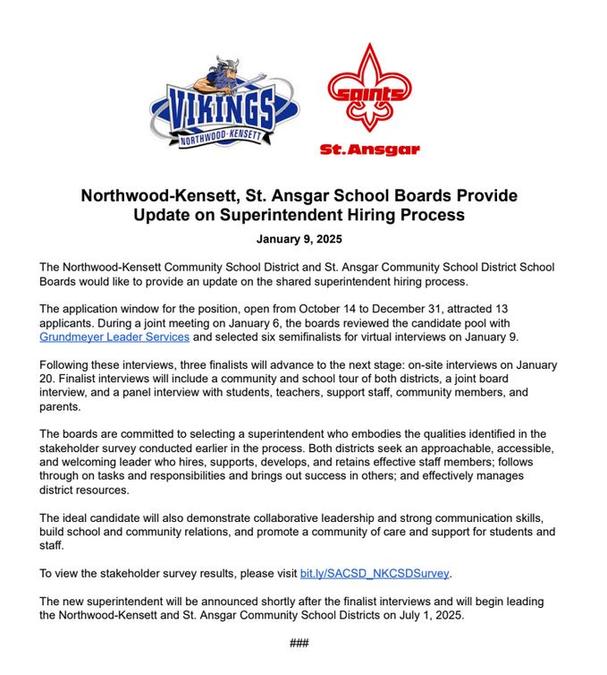 St. Ansgar CSD - Superintendent Communication